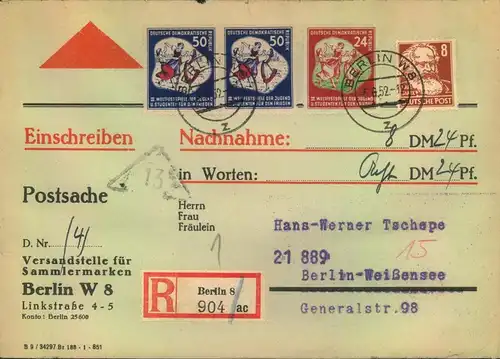 1952, hoch frankierter R-NN-Brief von der Versandstelle - BERLIN W 8