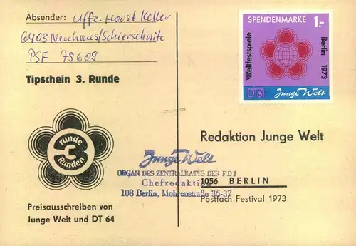 1973, 1,- Mark - beide Spendenmarken je auf gelaufener Karte zum Weltfestival