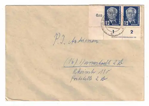 1950,12 Pf. Pieck im senkrechten Eckrandpaar mit Druckereizeoichen "DEUTSCHE WERTPAPIERDRUCKEREI       VEB2"
