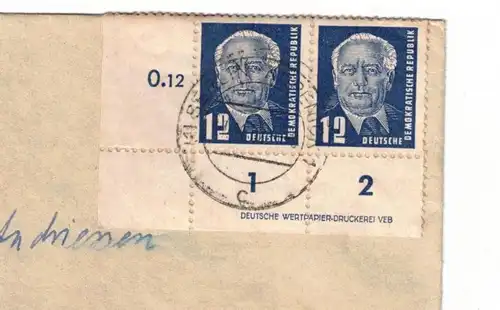 1950,12 Pf. Pieck im senkrechten Eckrandpaar mit Druckereizeoichen "DEUTSCHE WERTPAPIERDRUCKEREI       VEB2"