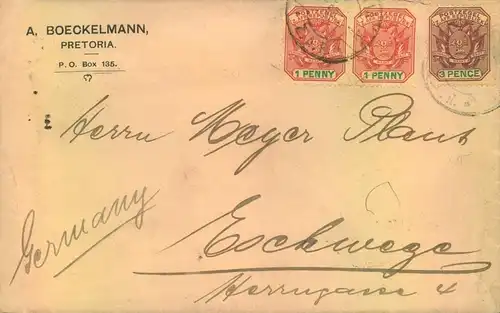 1899,stationery envelope with additiobal franking from Pretoria to Eschwege, Germany