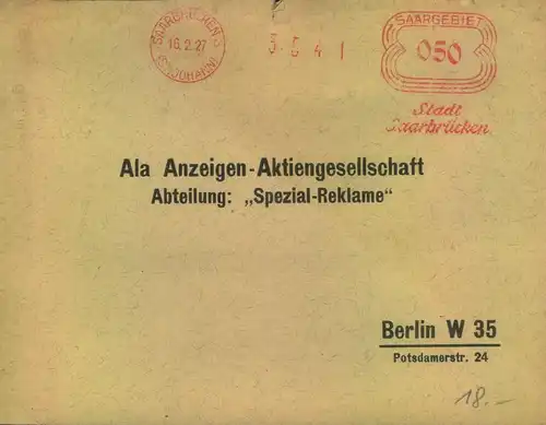 1927, Fernbrief mit Absenderfreistempel der Stadt SAARBRÜCKEN