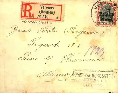 1917, 50 C. auf 40 Pf. Germania auf R-Brief ab VERVIERS