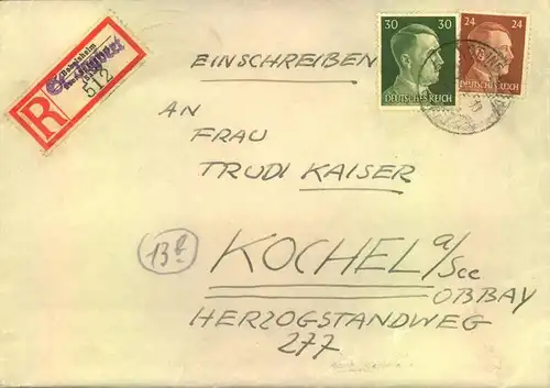 1944, R-Brief aus "Sarbrücken" mit überstempeltem R-Zettel von Bebelsheim