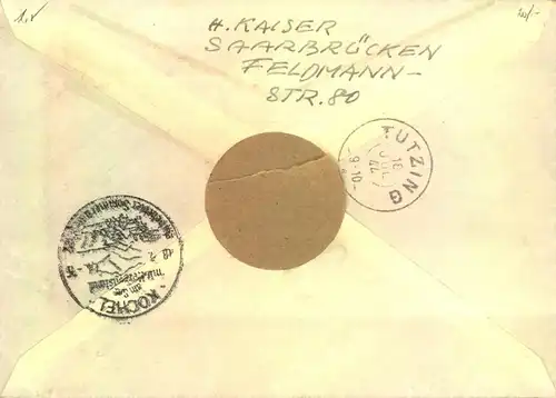 1944, R-Brief aus "Sarbrücken" mit überstempeltem R-Zettel von Bebelsheim
