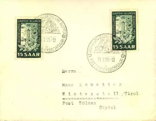 1951, Auslandsbrief mit 2-mal 15 F. Gartenbau-Ausstellung Bexbach