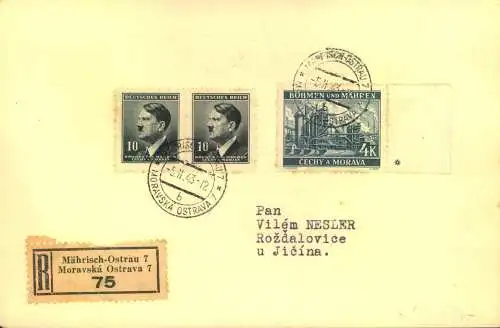 1943 BÖHMEN ND MÄHREN; R-Brief ab MÄHRISCH OSTRAU mit 4K mit Plattenster.