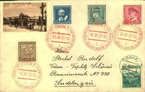 1938, SUDETENLAND, Schmuckumschlag mit Tschechischer Frankatur und rotem SSt PRAHA