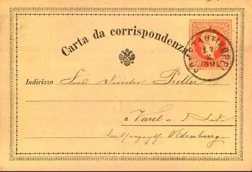 1873, 5 Soldi Ganzsachenkarte ab Istanbul nach Venedig