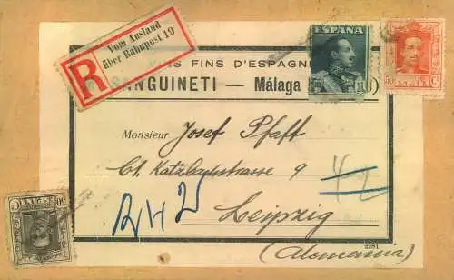 1925, Päckechen-Vds. ab Malaga mit R-Zettel "Vom Auslande üver Bahnpost"