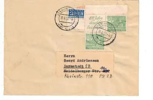 1949, Zusammendrck 2x 10 Pfg. Bauten und Rekleme auf Fernbrief