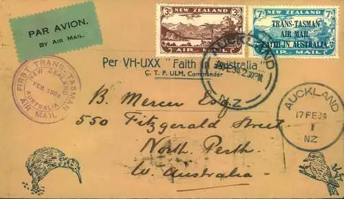 1934: "First TRANS-TASMAN AIRMAIL Auckland-North Perth" with arrival on reverse and special flight cachet on fro