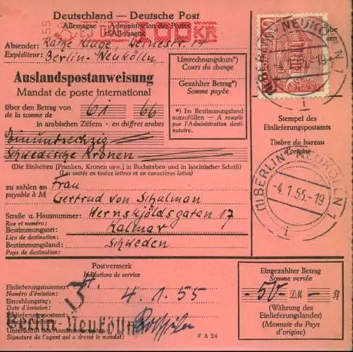 1954, Auslands - Postanweisung mit 60 Pf. Bauten ab  BERLIN NEUKÖLLN