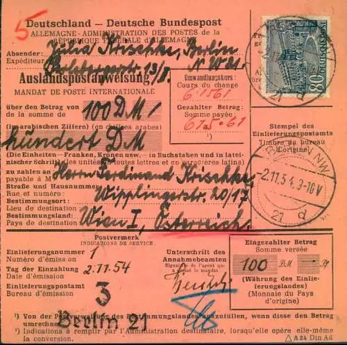 1954, Auslands - Postanweisung mit 80 Pf. Bauten ab  BERLIN 21