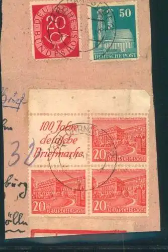 1949, Zusammendruck "100 Jahr deutsche Briefmarken" / 20 Pfg. Bauten mit weiterem Paar auf Briefstück