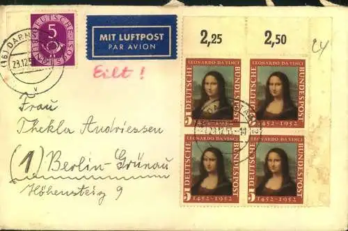 1953, Mona Lisa im Viererblock vom Oberrand mit Zusatz auf LuPo-Brief nach Berlin.