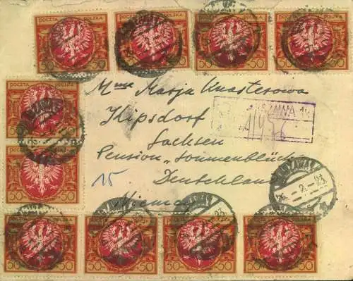 1923, 1.3., registered letter from SLAWA with 20 pieces 50 Fen.