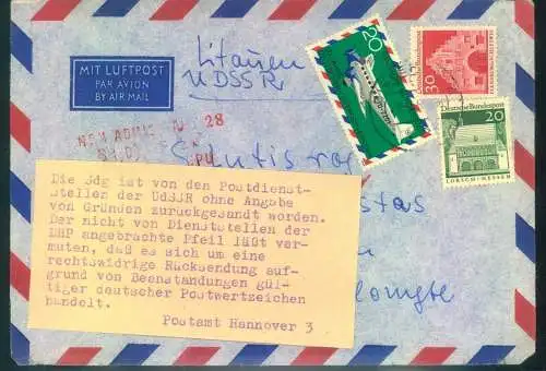 1970, Postkriegsbrief mit Aufkleber vom PA Hannover