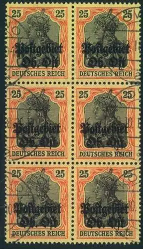 1916, OBER-OST: 25 Pfg. Germania im gestempeltem 6-er-Block.