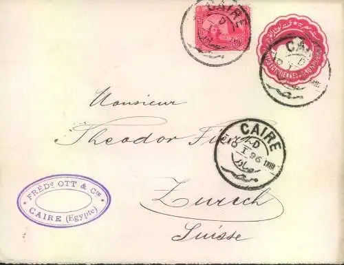 1896, stationery envelope uprated 5 M. from CAURO to Switzerland