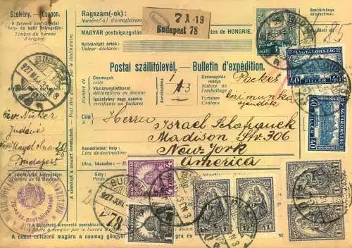 1927, hoch frankierte Paketkarte aus Budapest