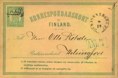 1872, 8 Pen, first statuinery card of Finnland