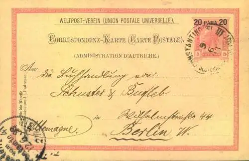 1899, 20 Para Ganzsachenkarte von CONSTANTINOPEL nach Berlin