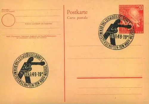1949, 20 Pf. Bundesraf blanko mit SSt "DÜSSELDORT - TAG DER MEISTERSCHAFTEN" (Boen)