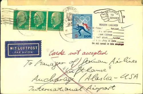 1963, Luftüostbrief nach Anchridge/Alaska dort verweigert und zurück