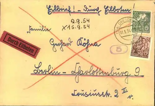 1954, Eilboten ab DRESDEN mit 20 und 84 Pf. Fünf Jahresplan I