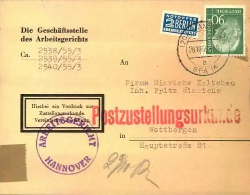 1955, 90 Pf. Heuss I als EF auf Zustellunf von Hannover