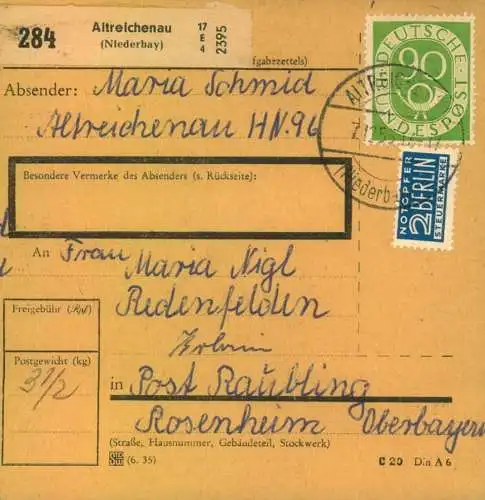 1953, Paketkartestammteil mit 90 und 20 Pf. Posthorn ab "Altreichenau (Niederbayern)"