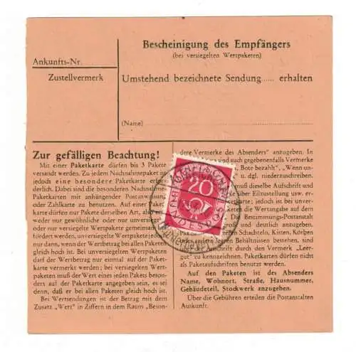 1953, Paketkartestammteil mit 90 und 20 Pf. Posthorn ab "Altreichenau (Niederbayern)"