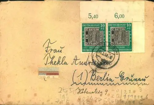 1949, " 100 Jahre deutsche Briefmarken" im waagerechtem OR-Paar auf etwas stockigem Umschlag. Nur Briefstück berechnent