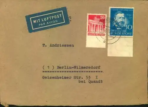 1953, Luftpostbrief mit 30 Pf. Reis sowie ca. 2 mm zu kurzer 20 Pf. nach Berlin