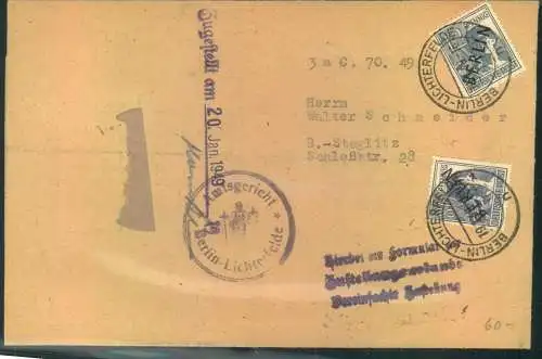 1949, 2-mal 12 Pf. Schwarzaufdruck als seltenere MeF auf Vorladung ab BERLIN - LICHTERFELDE