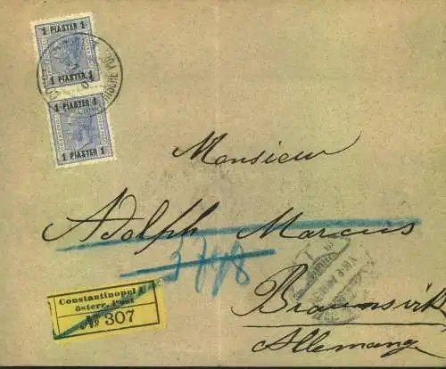 1904, Einschreiben ab “COSRANTInOPEL” nach Deutschland.