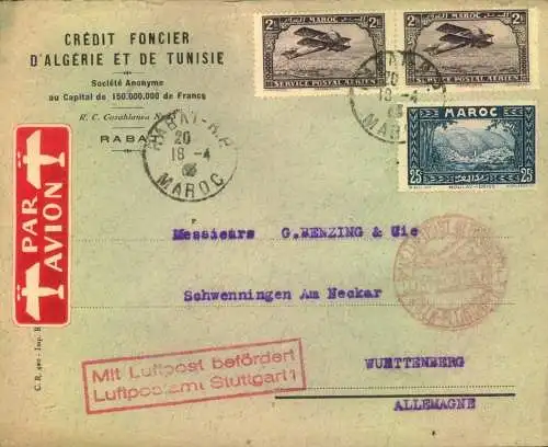 1933 Luftpostbrief  aus Marokko  mit Bestätigungaatemüeö vo Stuttgartrfurt.
