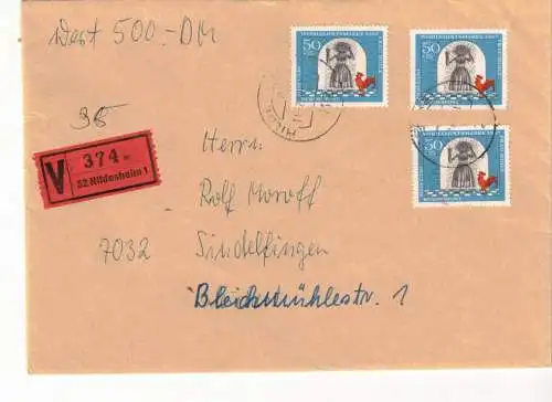 1966, Wertbrief über "500 DM"  mit 3-mal 50 Pf. Märchen ab HILDESHEIM