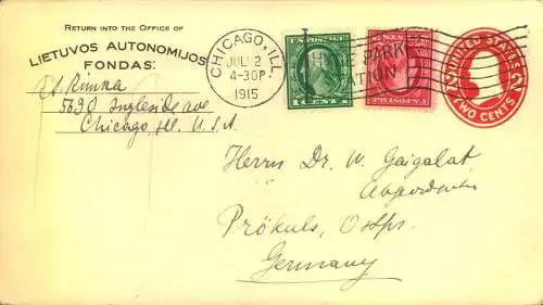 1915, letter from CHICAGO  from "LIETUVAOS AUTONOMIJOS"