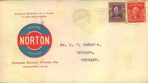 1905, cover fro, ROCJESTER, MASS. to Cologne, Germany. Arvertising "NORTON"
