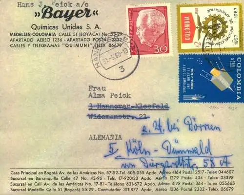 1966, 30 Pf. Heuss als Weitersendunggsfrankatur auf Brief aus Kolimbien