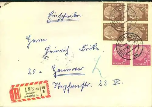 1957, 6 Pf. Heuss im 4-er und 6-er Block auf Einschreiben ab BRAUNSCHWEIG