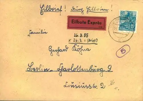 1955,Eilbrief mit EF 80 Pf. FJP 1 ab Dresdeb bach Berlin-Charlottenburgh. Dort mit Rphrpost.