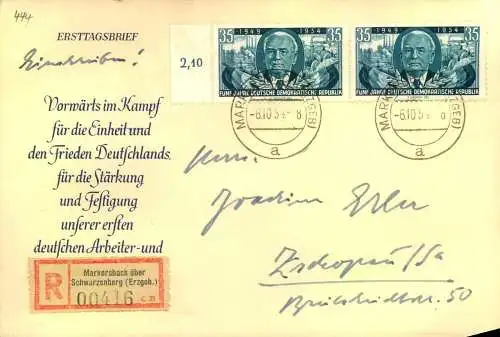 1954, 35 Pf. "5 Jahre DDR" auf R-Brief ab "Markersbach üb. Schwarzenberg (Erzgeb."