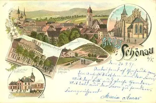 Gruss aus "SCHÖNAU, Lithographie. gelaufen 1897