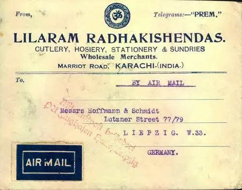 1932,air mail from KARACHI to Leipzig