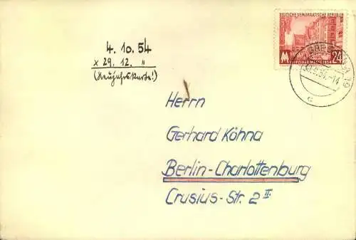 1954,30.9.; 24 Pf. Herbrstmesse als EF auf Fernbrief ab DRESDEN. So nur 4 Wochen möglich