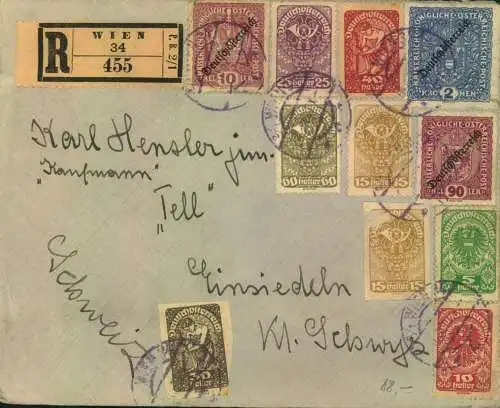 1921, reich frankierter R-Brief ab WIEN in die Schwe. Mit "Deutsh österreich" Frankaturiz