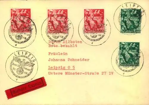 1938, portogerechter Orts-R-Brief zum Taf der Briefmarke mit SSt Leipzig